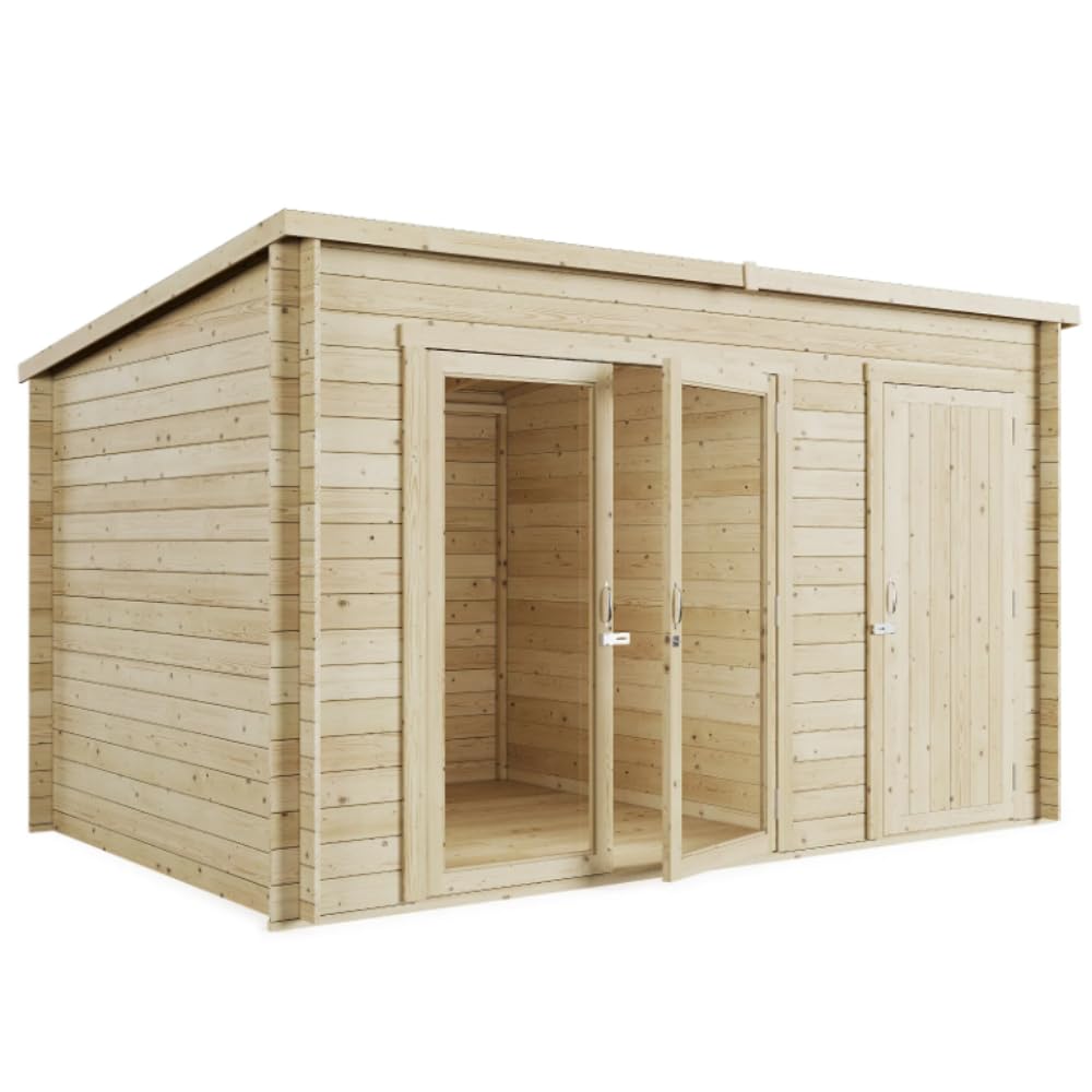 BillyOh Tianna Log Cabin Summer House 14 x 8 ft with Side Shed – Garden Room, Double Doors
