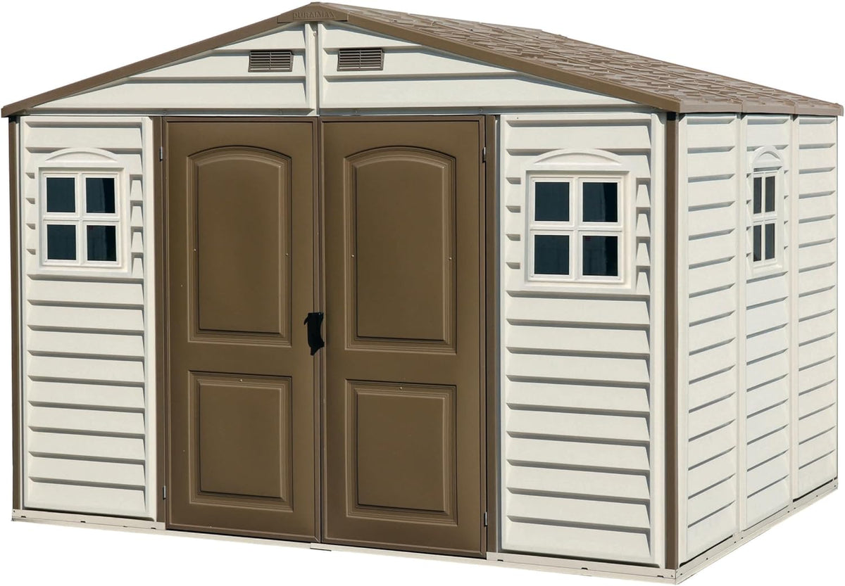Plastic Garden Storage Shed 10 x 8 ft – Vinyl Outdoor Shed with Double Doors, Windows & Foundation Kit