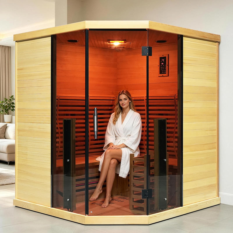 3-Person Corner Hybrid Indoor Infrared Steam Sauna in Canadian Hemlock
