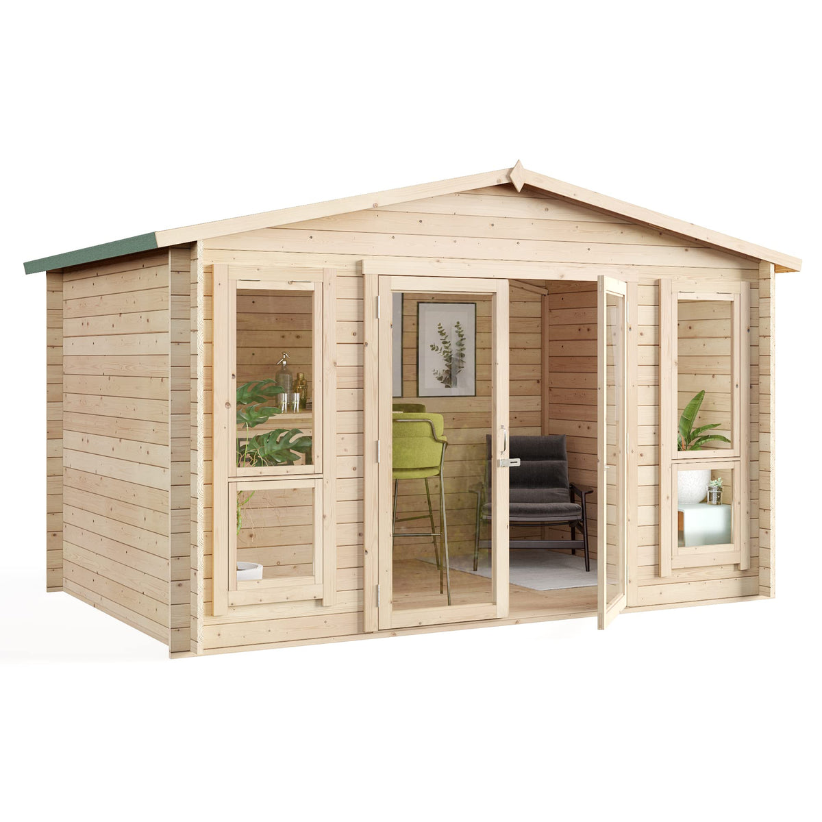 BillyOh Sasha 12x8 Log Cabin Summer House and Wooden Garden Room with Apex Roof
