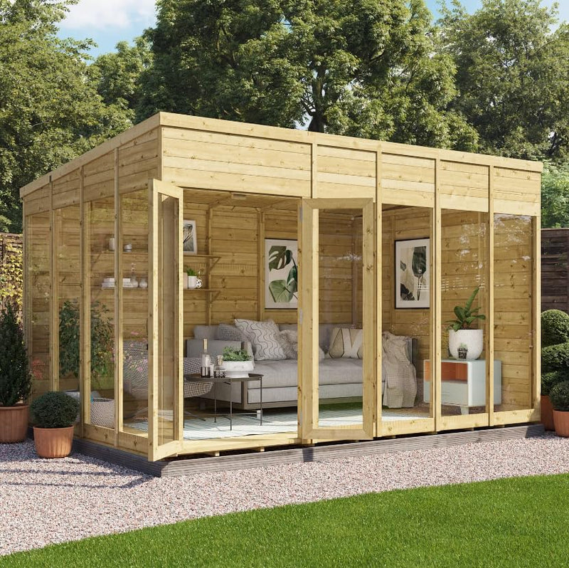 BillyOh Switch Pent Log Cabin 12 x 8 ft – Pressure Treated Garden Room, Floor-to-Ceiling Windows
