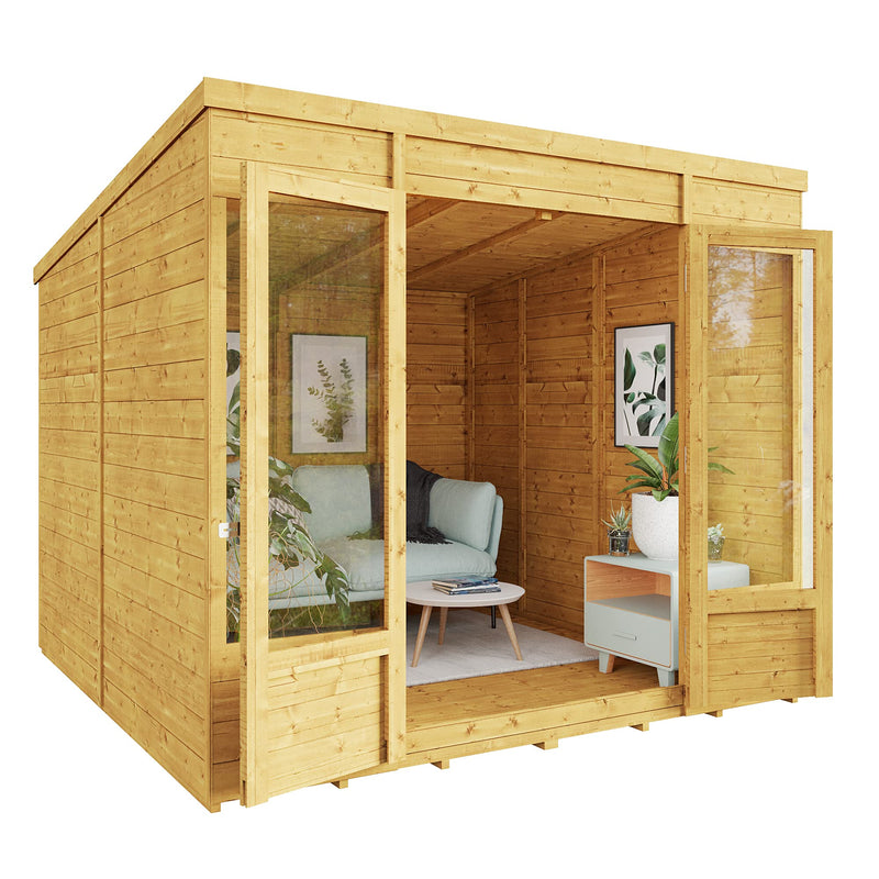 BillyOh Bella 8 x 8 Modern Pent Roof Log Cabin Summer House and Garden Shed with Wide Double Doors and Tongue and Groove