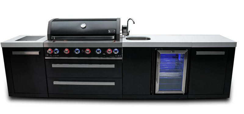 Mont Alpi 805 Deluxe Black Stainless Steel Island with Beverage Center, 6-Burner Grill, 2 Infrared Burners, Sink, and Fridge