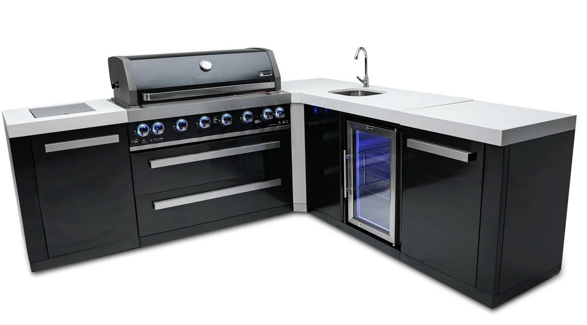 Mont Alpi 805 Black Stainless Outdoor Kitchen Island with Beverage Centre & 90° Corner – 6-Burner Grill, Sink, Fridge